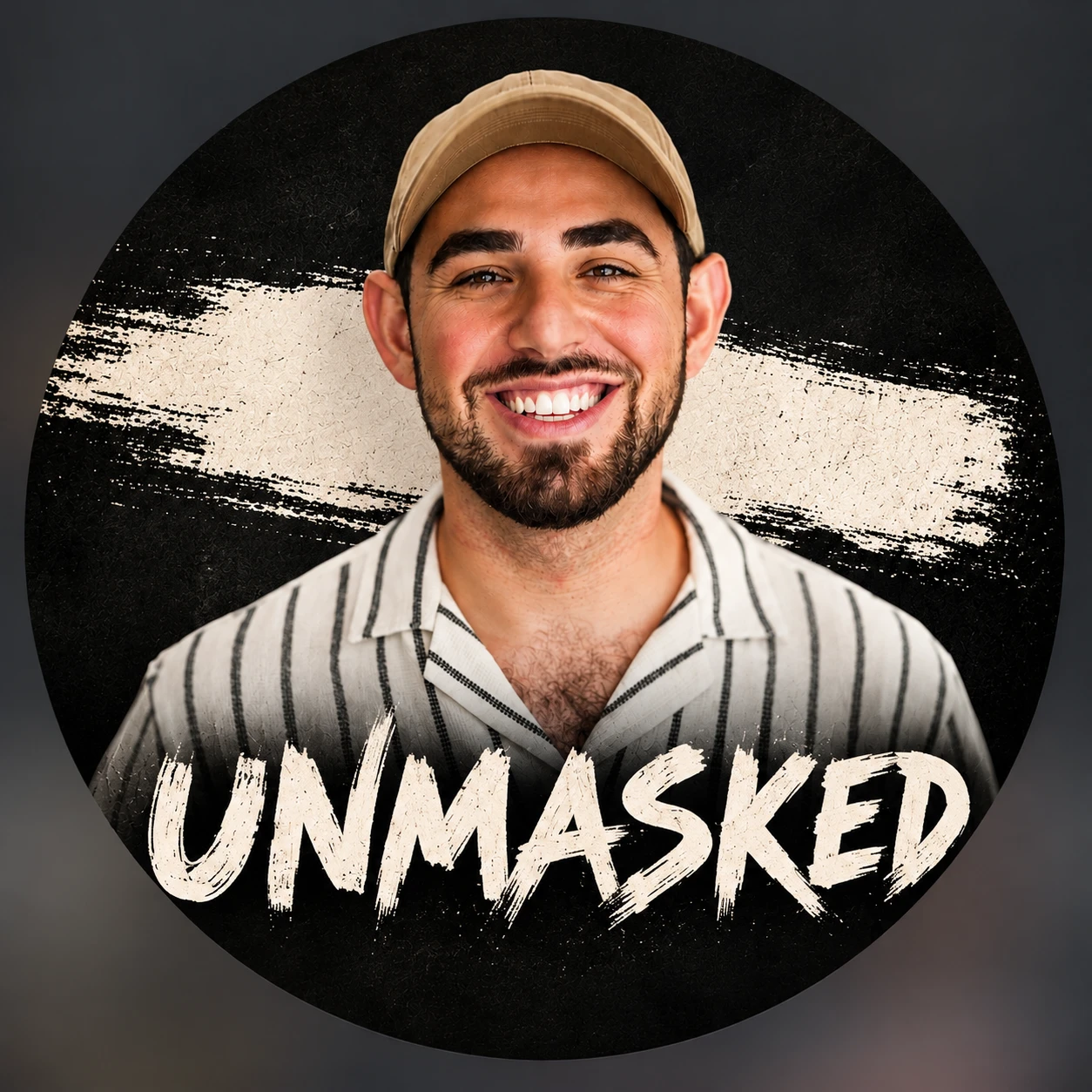 UNMASKED cover art. Host Levi Saada smiling in a cap and striped shirt, a bone white brushstroke behind him, the UNMASKED wordmark across the bottom.